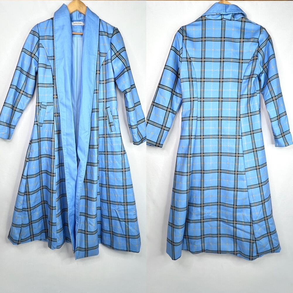 Misslook Blue Plaid Long Open Front Coat Medium